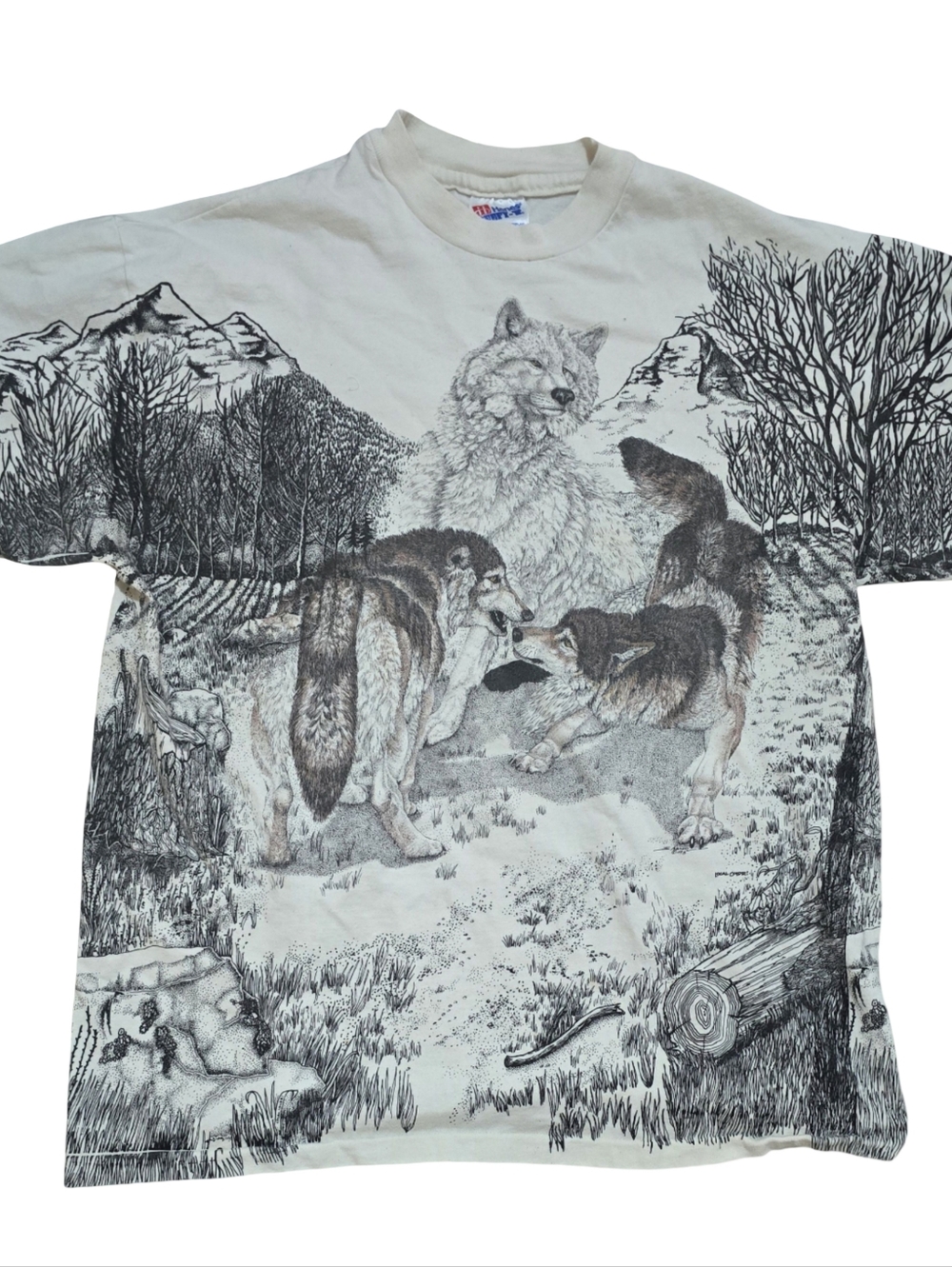 Vintage Wolf Shirt Mens L Nature Wilderness 90s All Over Print Single Stitch